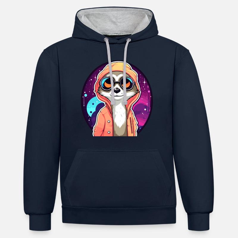 Dessin de suricate - Sweat à capuche contrasté - bleu marine/gris chiné