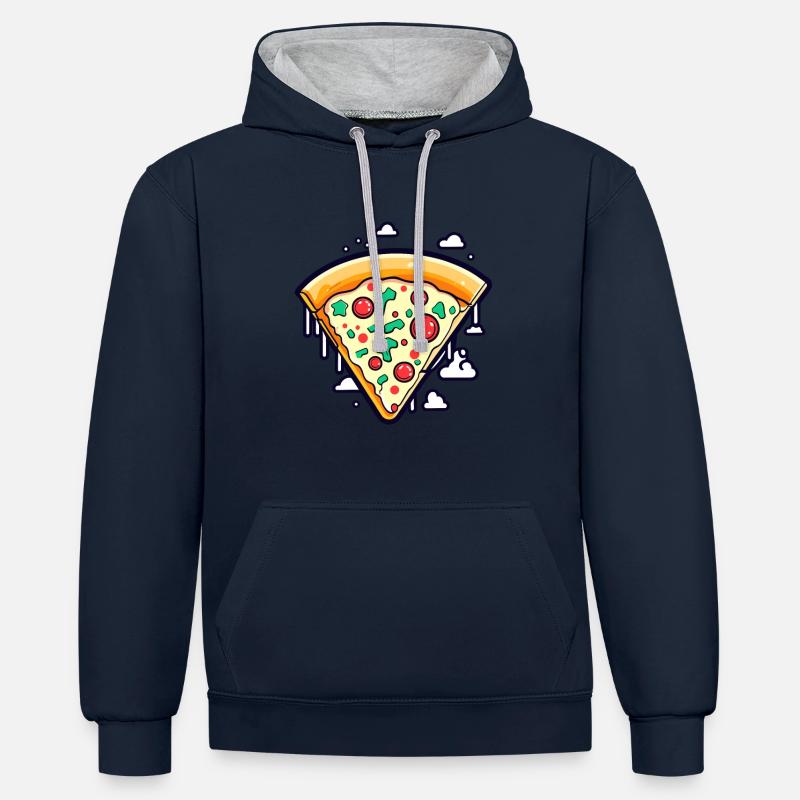 Dessin de tranche de pizza - Sweat à capuche contrasté - bleu marine/gris chiné