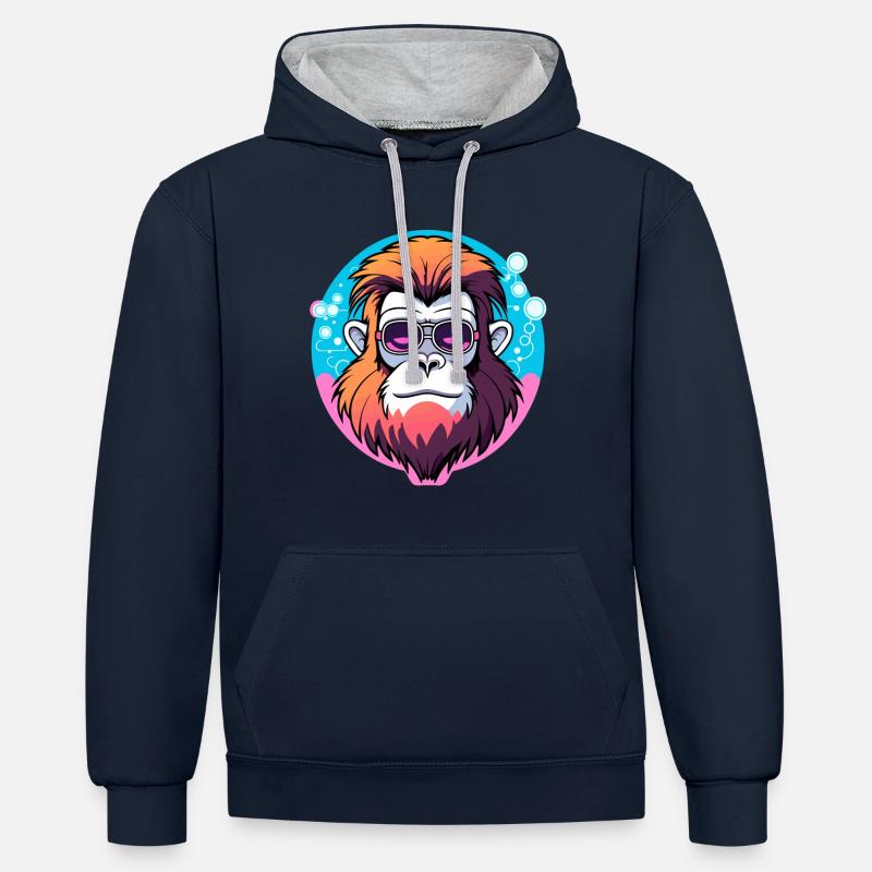 Illustration de singe - Sweat à capuche contrasté - bleu marine/gris chiné