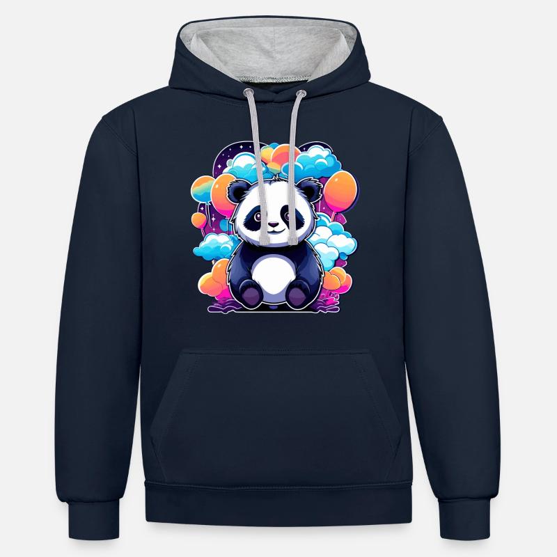 Dessin de panda - Sweat à capuche contrasté - bleu marine/gris chiné
