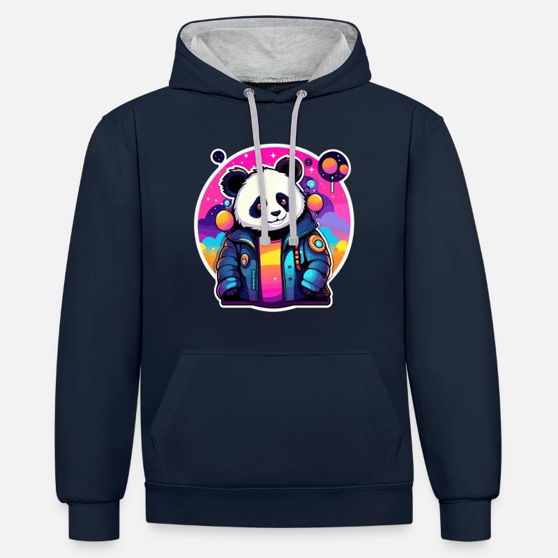 Dessin de panda - Sweat à capuche contrasté - bleu marine/gris chiné