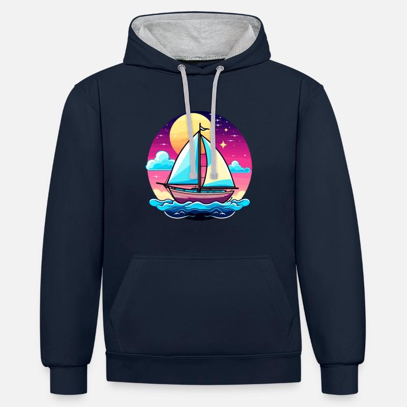 Illustration de voilier - Sweat à capuche contrasté - bleu marine/gris chiné
