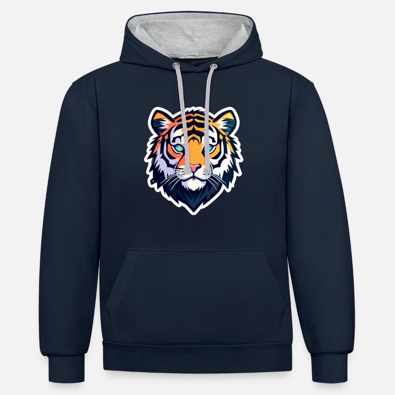 Illustration de tigre - Sweat à capuche contrasté - bleu marine/gris chiné