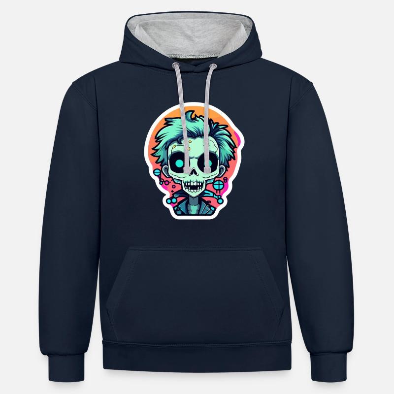 Illustration de zombie mignon - Sweat à capuche contrasté - bleu marine/gris chiné