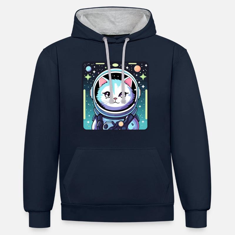 Illustration de chat astronaute - Sweat à capuche contrasté - bleu marine/gris chiné