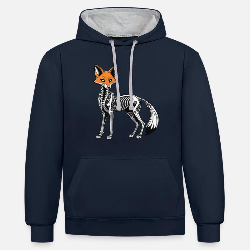 Illustration de squelette de renard - Sweat à capuche contrasté - bleu marine/gris chiné