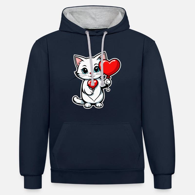 Coeur de chat - Saint-Valentin - Sweat à capuche contrasté - bleu marine/gris chiné