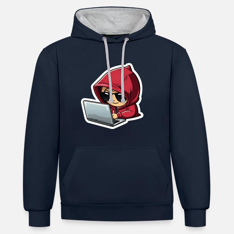 Femme hacker - Sweat à capuche contrasté - bleu marine/gris chiné