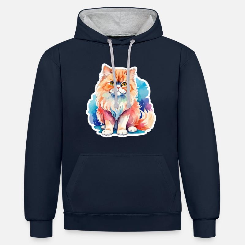 Aquarelles de chat persan - Sweat à capuche contrasté - bleu marine/gris chiné