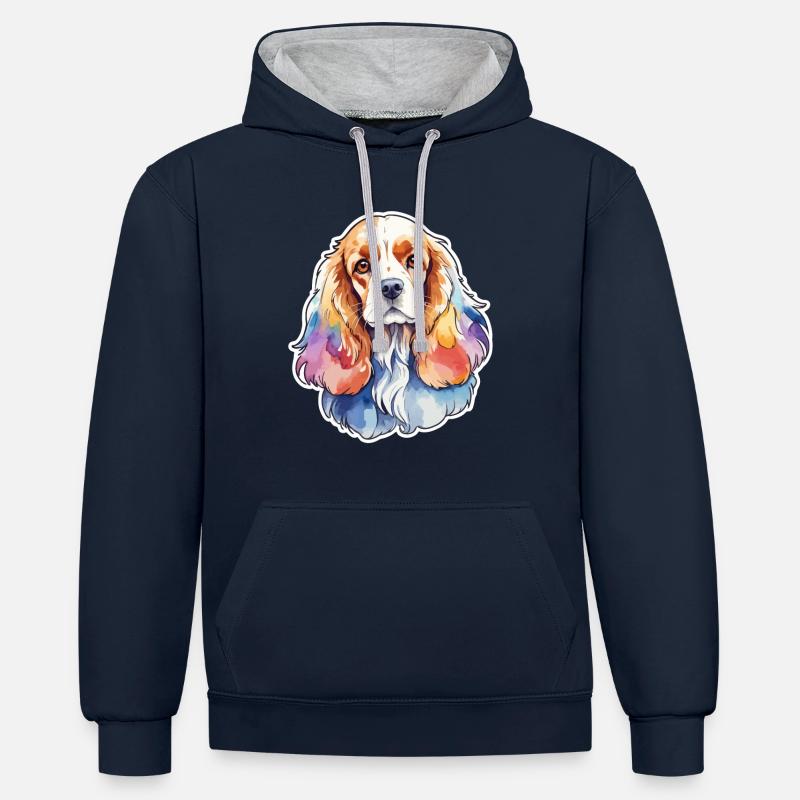 Cocker américain Épagneul Aquarelles - Sweat à capuche contrasté - bleu marine/gris chiné