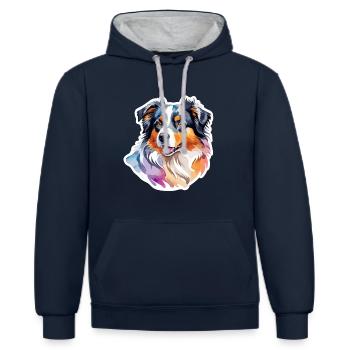 Australian Shepherd Wasserfarben - Kontrast-Hoodie - Navy/Grau meliert - Vorne - Nico (186cm)