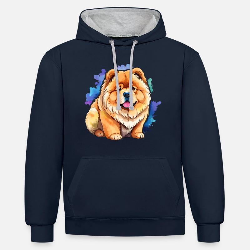 Chow Chow Aquarelles - Sweat à capuche contrasté - bleu marine/gris chiné