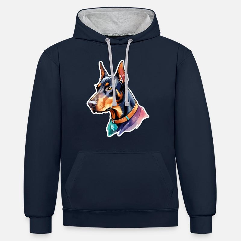 Doberman Aquarelles - Sweat à capuche contrasté - bleu marine/gris chiné
