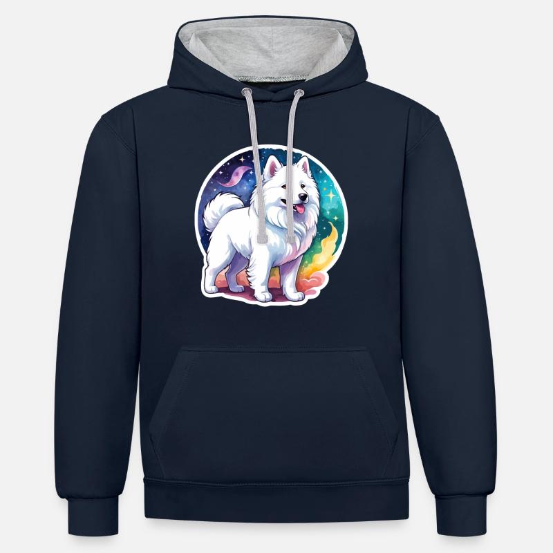 Aquarelles Samoyèdes - Sweat à capuche contrasté - bleu marine/gris chiné