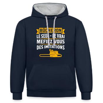 cadeau bûcheron t-shirt bucheron - Sweat à capuche contrasté - bleu marine/gris chiné - Devant - Nico (186cm)