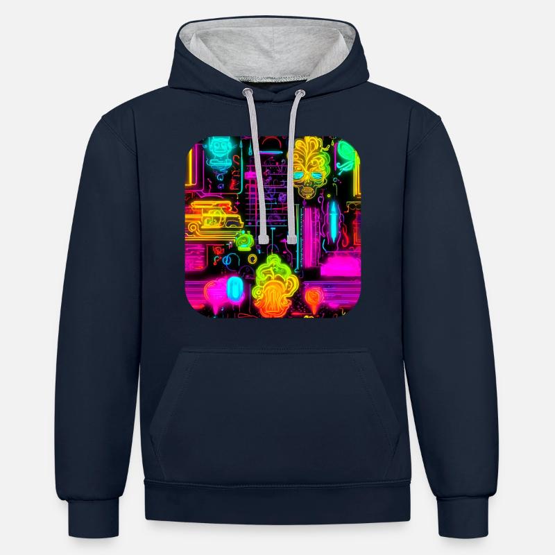 Néon style abstrait tendance UV - Sweat à capuche contrasté - bleu marine/gris chiné