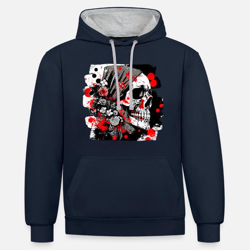 crâne éclaboussure trash polka tattoo - Sweat à capuche contrasté - bleu marine/gris chiné
