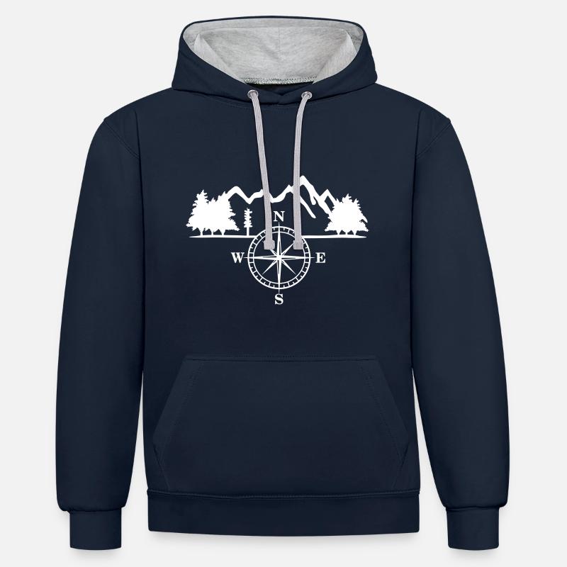 Mountains, Trees and Compass, Survival - Sweat à capuche contrasté - bleu marine/gris chiné
