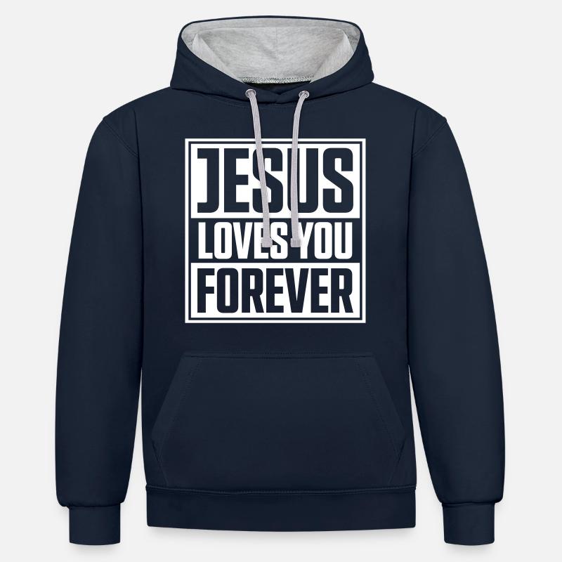 Jésus t'aime - Sweat à capuche contrasté - bleu marine/gris chiné