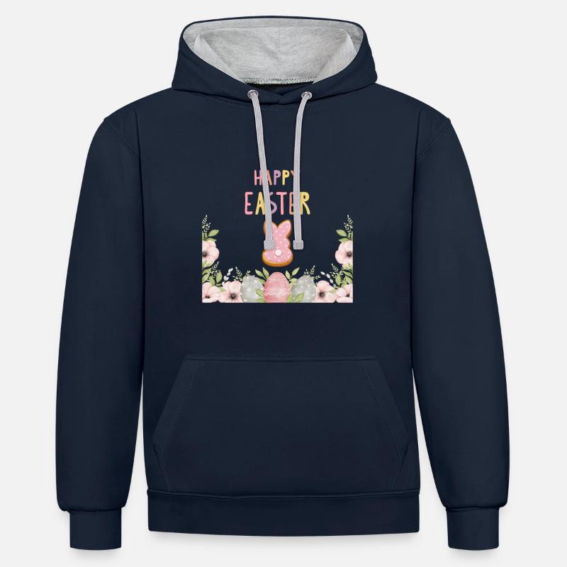 Ostern - Joyeux lapin de Pâques - Sweat à capuche contrasté - bleu marine/gris chiné