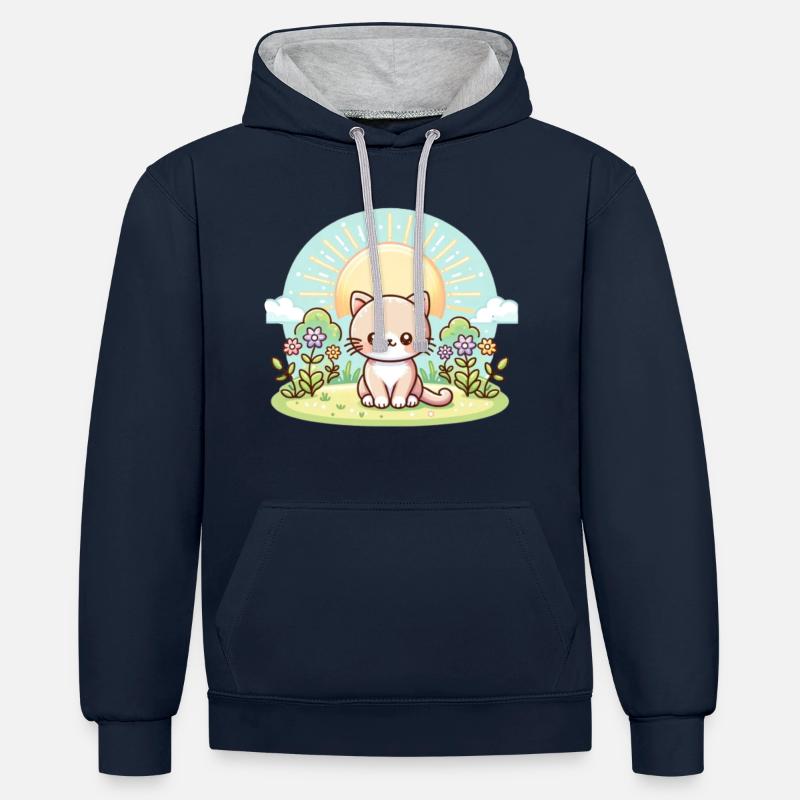 chat mignon - Sweat à capuche contrasté - bleu marine/gris chiné