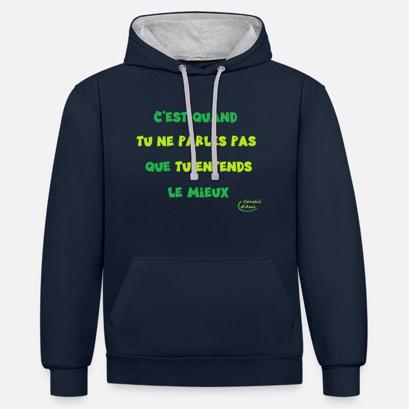 65 - Se taire et écouter - Sweat à capuche contrasté - bleu marine/gris chiné