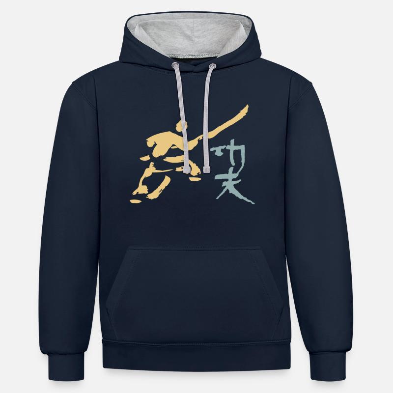 Kungfu - Shaolin Mönch mit Hellbarde - Kontrast-Hoodie - Navy/Grau meliert