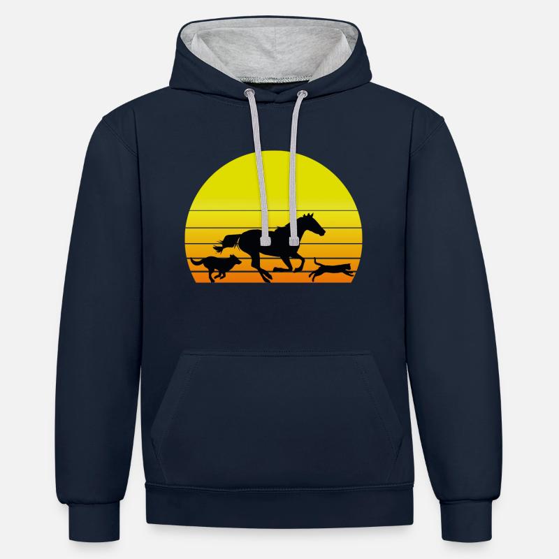 chien cheval chat soleil - Sweat à capuche contrasté - bleu marine/gris chiné