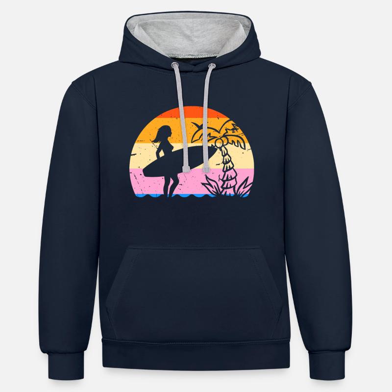 Surfeuse Retro palmier - Sweat à capuche contrasté - bleu marine/gris chiné