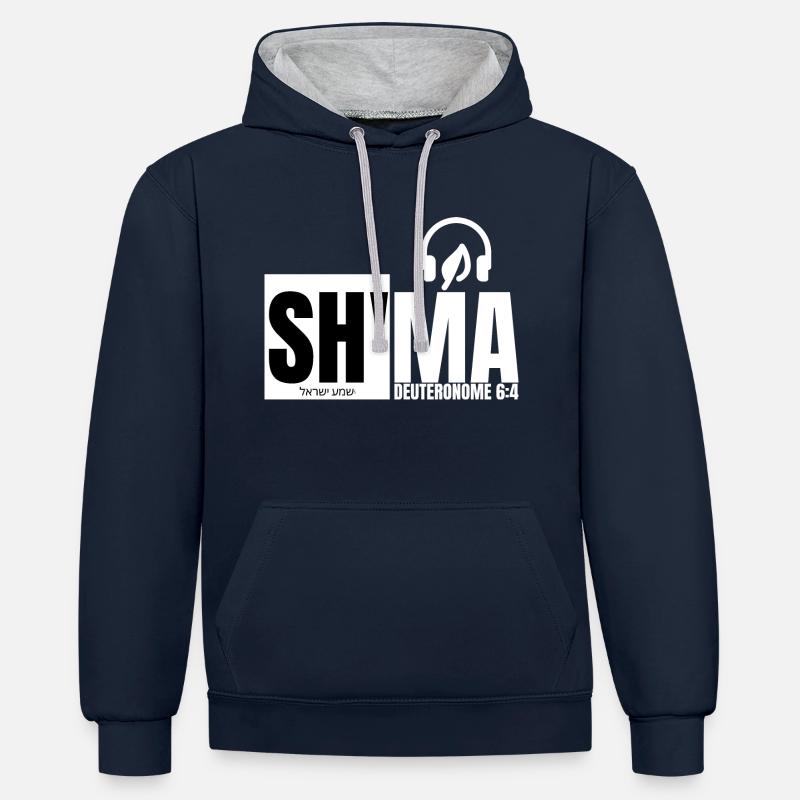 SH'MA -(blanc) - Deut/6:4 - Sweat à capuche contrasté - bleu marine/gris chiné