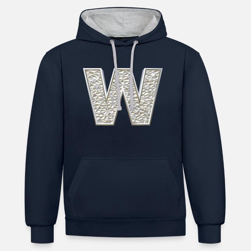 W, lettre, initiale, monogramme, - Sweat à capuche contrasté - bleu marine/gris chiné