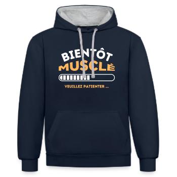 Bientôt musclé veuillez patienter 1 - Sweat à capuche contrasté - bleu marine/gris chiné - Devant - Nico (186cm)