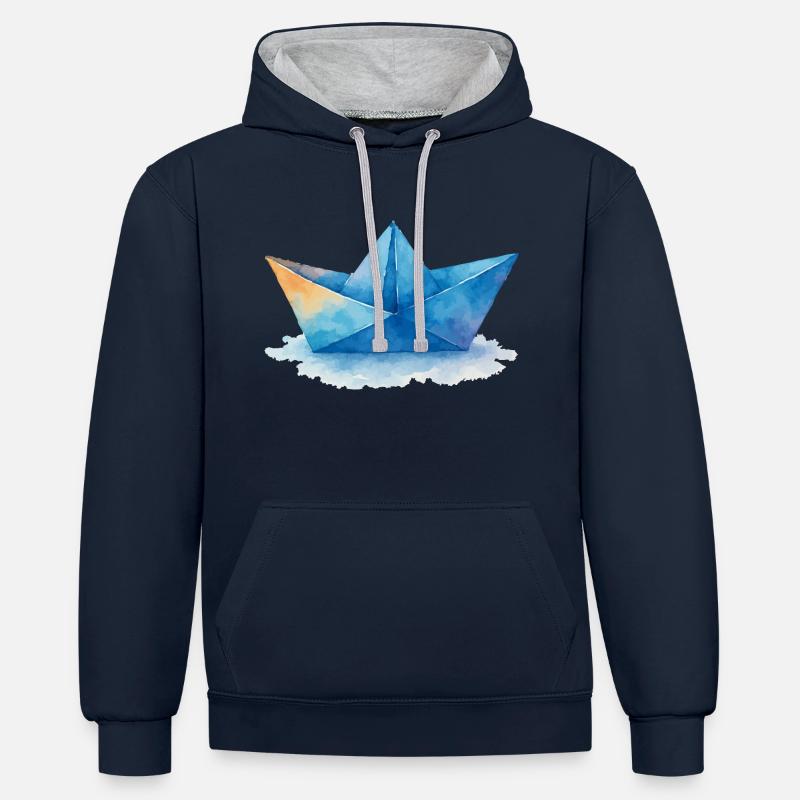 Bateau en papier Aquarelle - Sweat à capuche contrasté - bleu marine/gris chiné
