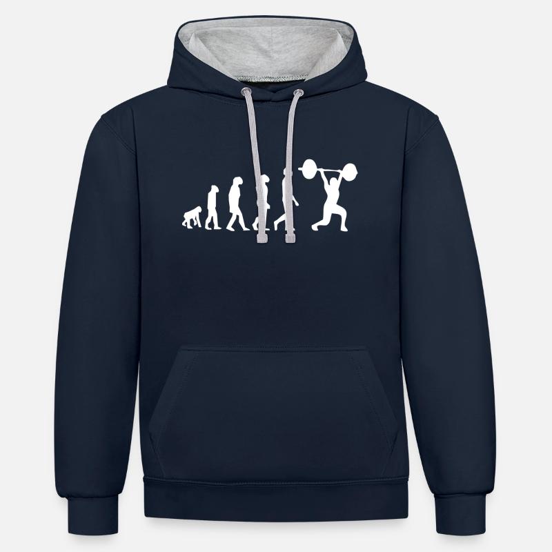 Evolution des Gewichthebens - Kontrast-Hoodie - Navy/Grau meliert