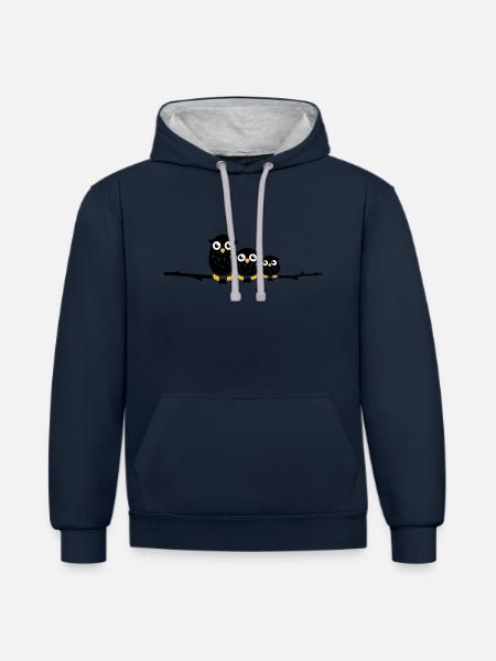 three owls on a branch - Contrast hoodie - navy/heather grey