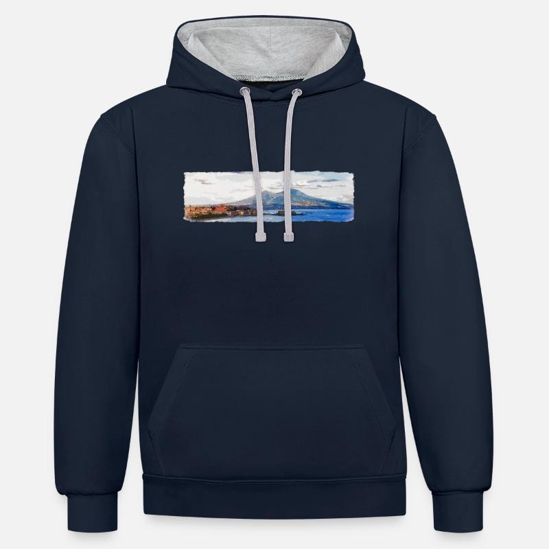 Naples, Vésuve et Castel dell'Ovo - Sweat à capuche contrasté - bleu marine/gris chiné