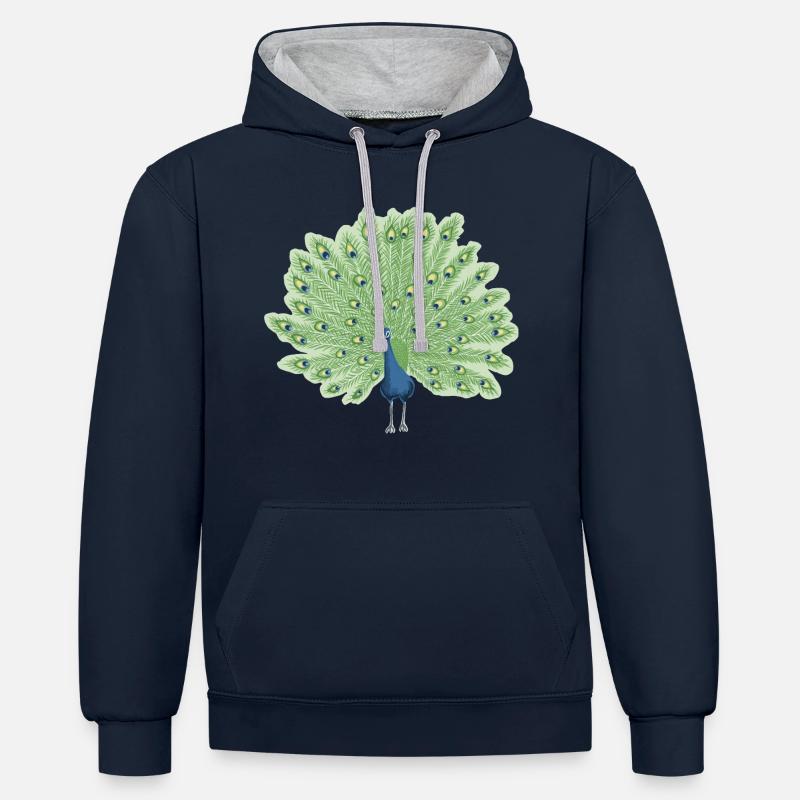 Paon en bleu et vert - Sweat à capuche contrasté - bleu marine/gris chiné