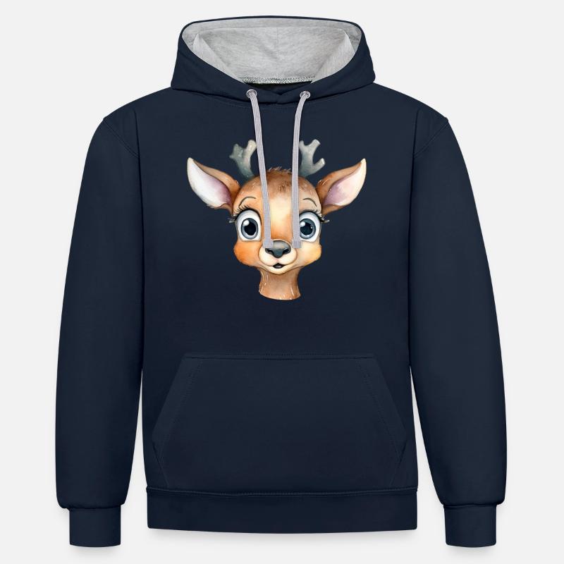 Dessin à l’aquarelle de cerf - Sweat à capuche contrasté - bleu marine/gris chiné