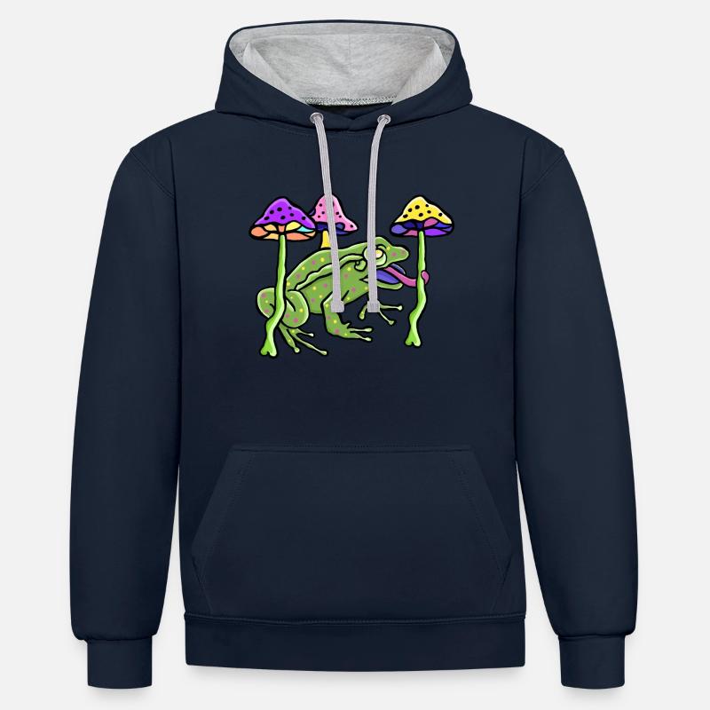 Champignons psychoactifs avec grenouille - Sweat à capuche contrasté - bleu marine/gris chiné