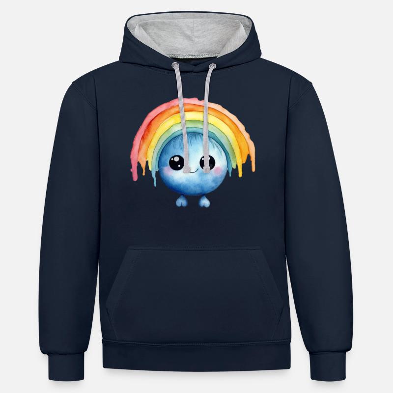 Dessin à l’aquarelle arc-en-ciel - Sweat à capuche contrasté - bleu marine/gris chiné