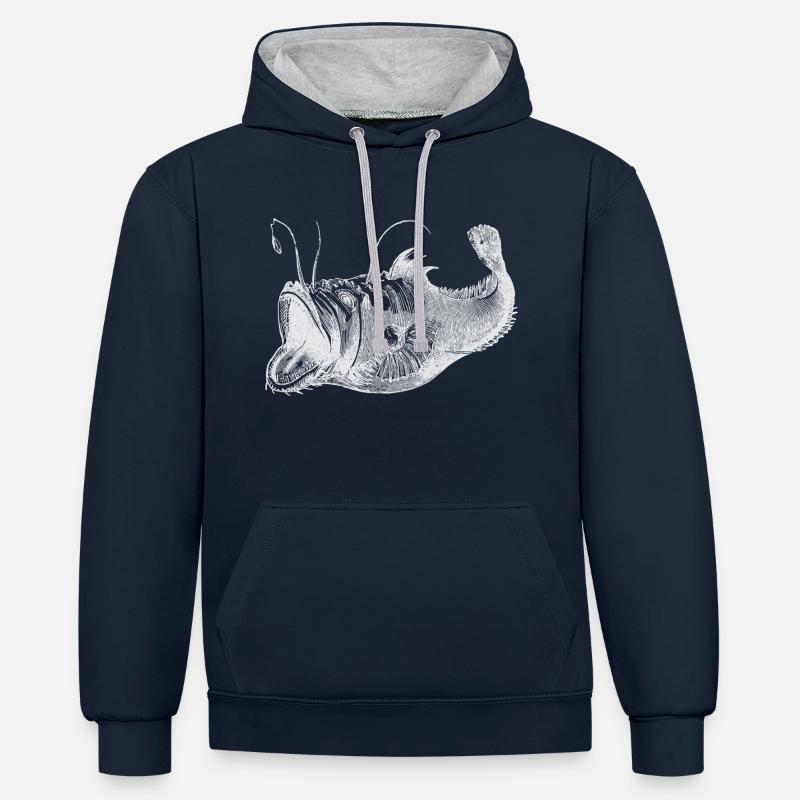 Poisson profond blanc - Sweat à capuche contrasté - bleu marine/gris chiné