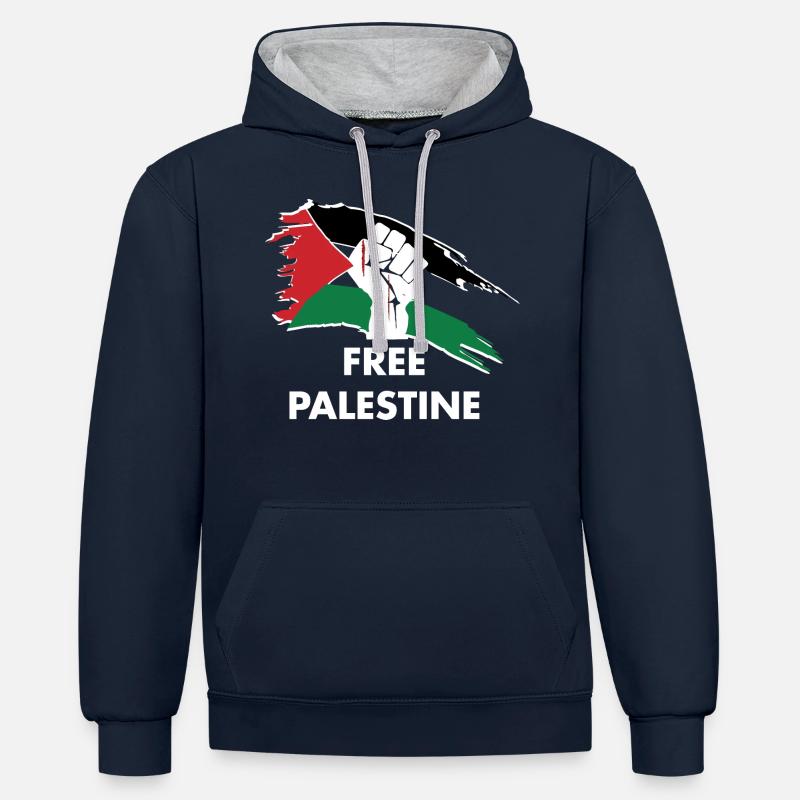 Palestine libre - Sweat à capuche contrasté - bleu marine/gris chiné