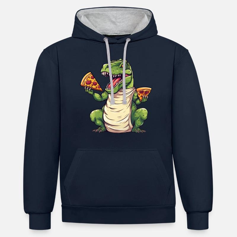 T-Rex Amateur de Pizza Dinosaure - Sweat à capuche contrasté - bleu marine/gris chiné