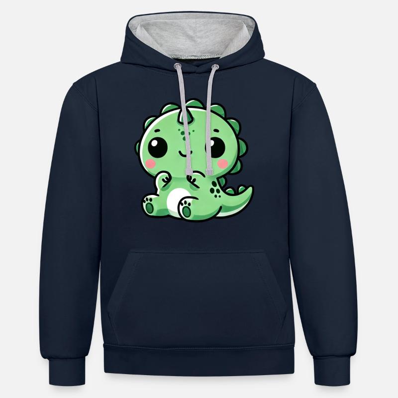 Mignon Dino T-Rex Chibi - Sweat à capuche contrasté - bleu marine/gris chiné