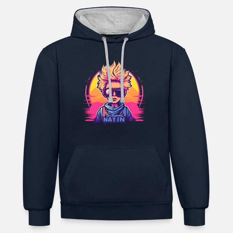 Synthwave Boy Sunset - Sweat à capuche contrasté - bleu marine/gris chiné