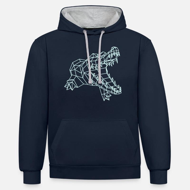 Krokodil Grafik WireFrame, Paperwolf Design - Kontrast-Hoodie - Navy/Grau meliert