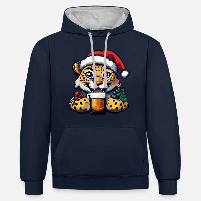 Léopard Noël Bière Drôle - Sweat à capuche contrasté - bleu marine/gris chiné