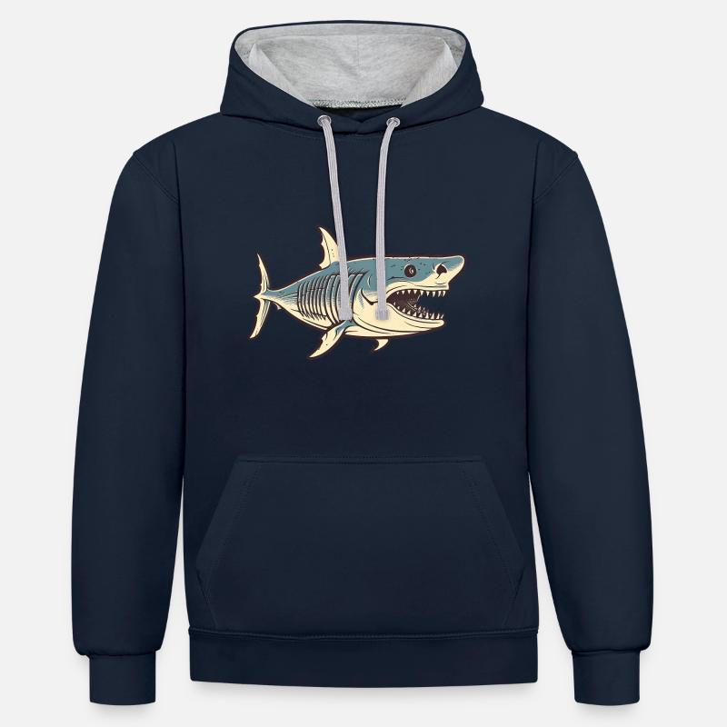 Dessin de requin - Sweat à capuche contrasté - bleu marine/gris chiné