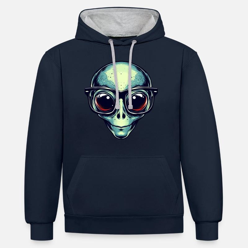 Nerdiges Alien mit Brille - Kontrast-Hoodie - Navy/Grau meliert