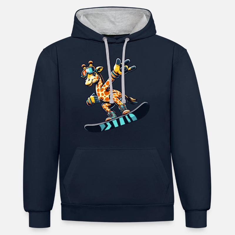 Girafe cool sur le snowboard - Sweat à capuche contrasté - bleu marine/gris chiné